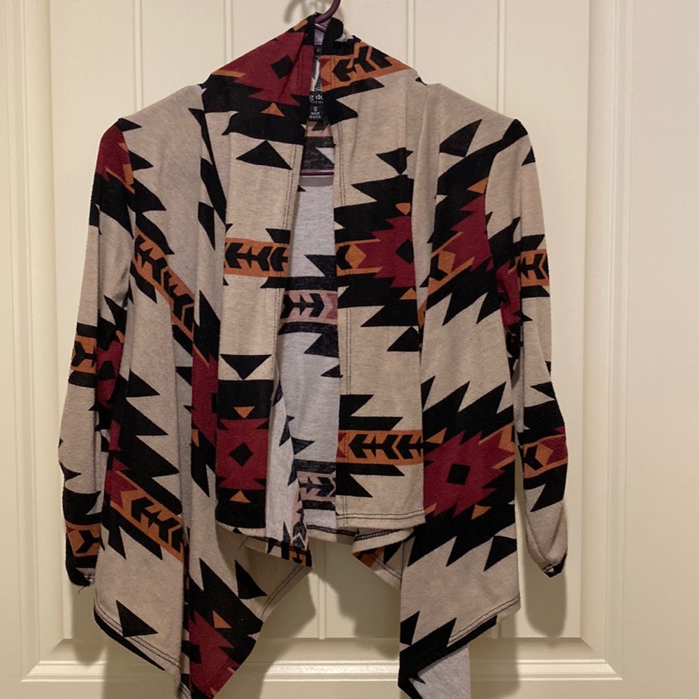 Aztec Print short cardigan. Cream, black, burgundy